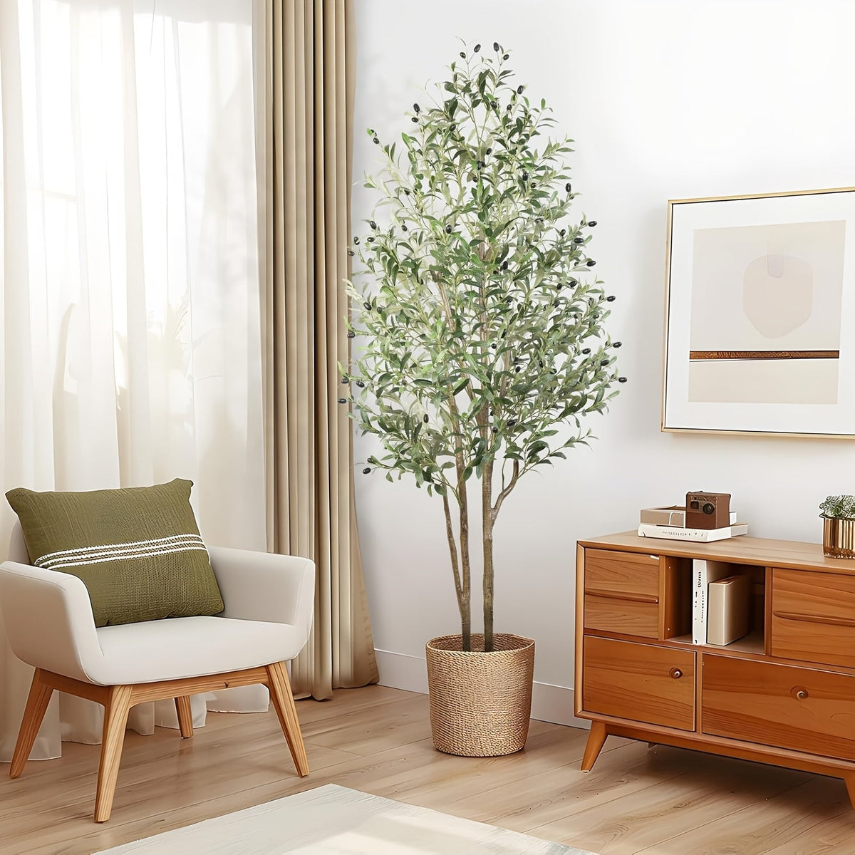 Artificial Olive Tree 4/5/6/7ft – Double Pole Silk Leaves & Faux Fruit Realistic Wood Trunk Faux Moss Potted Faux Plant for Home Living Room Indoor Outdoor Decor