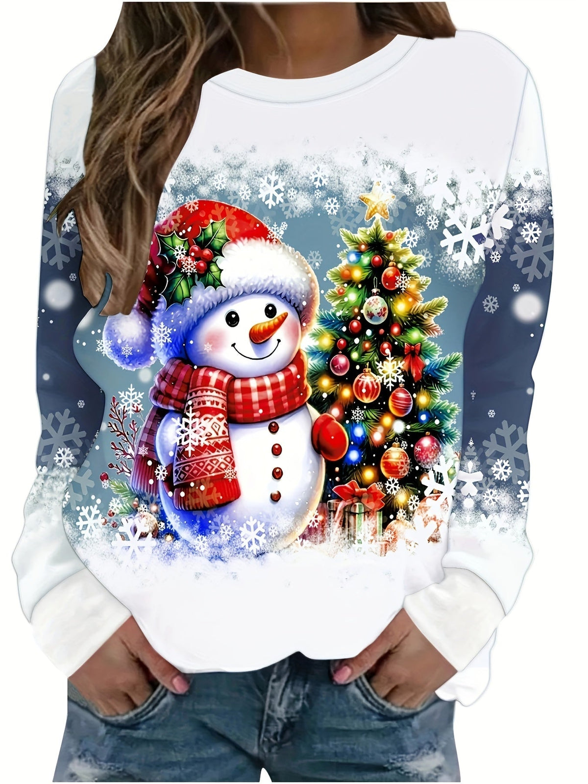 Women's Christmas Print Crew Neck Long Sleeve Loose Pullover Sweatshirt Holiday Festive Casual Tops US Warehouse