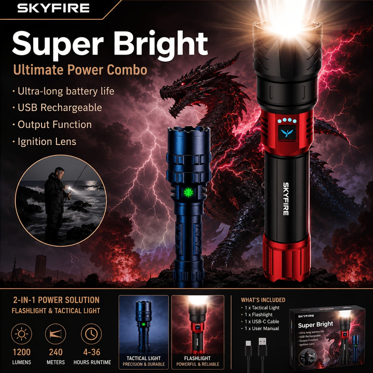 SKYFIRE 5000 Lumen Rechargeable LED Flashlight with Ignition Lens, Adjustable Focus & 4 Modes – Super Bright High-Lumen Tactical Flashlight for Camping, Outdoor, Farm & Emergency Family Use