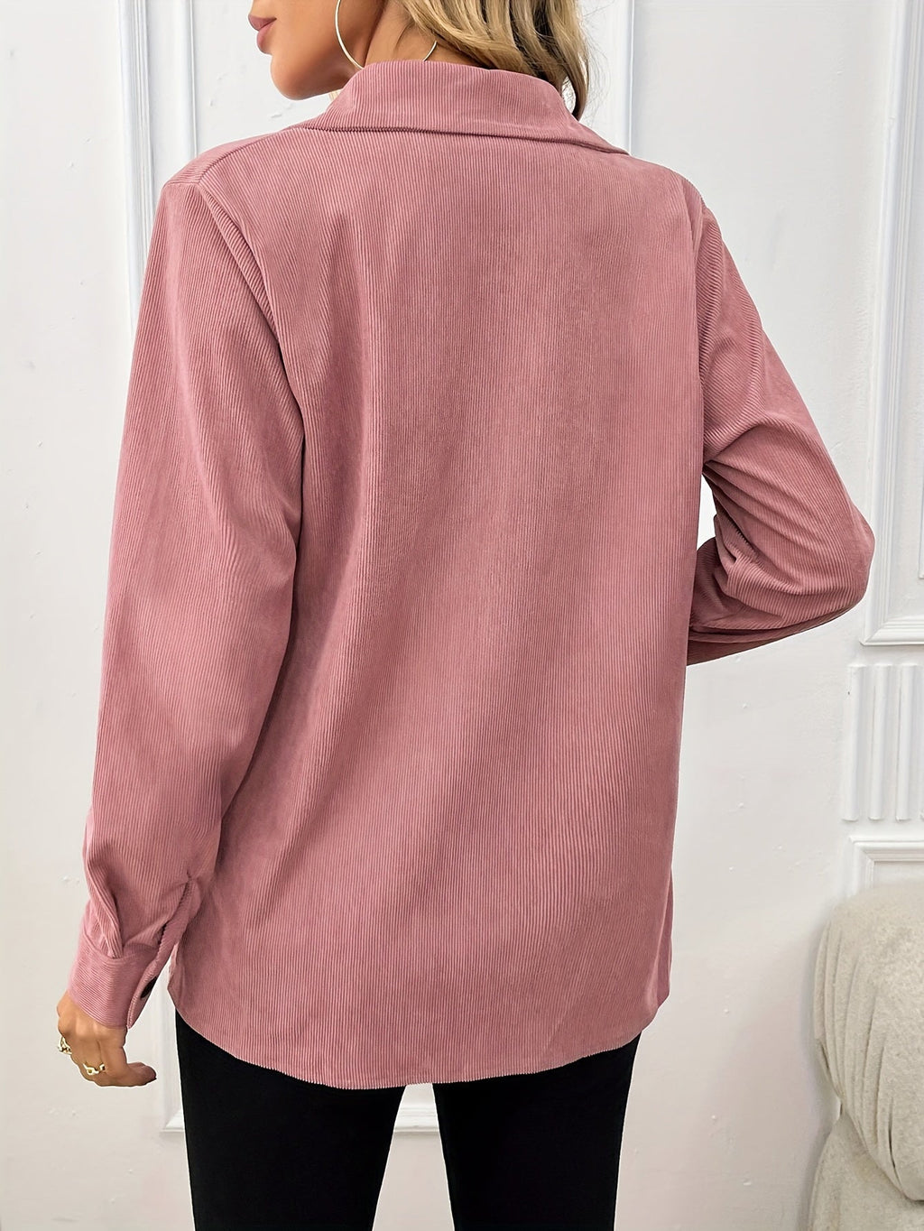 Women's Corduroy Shirt Jacket Lapel Front Pocket Long Sleeve Shacket Casual Fall Outerwear Pale Pink Gray Peacock Blue Black XS S M L XL