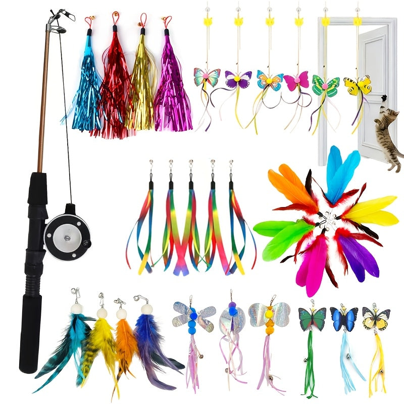 Telescopic Feather Cat Wand Toy with Interchangeable Heads - Artificial Feather Interactive Cat Toy, 3 or 4-Section Extendable Pole with 3/6/9 Random Replacement Heads, No Battery Required