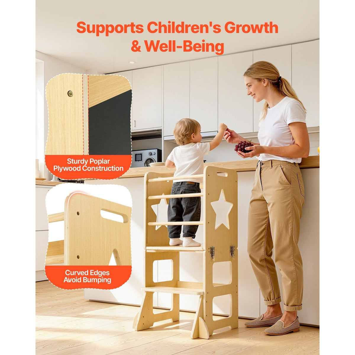 Weaning Table and Chair Set 4-in-1 Kids Learning Tower with Chalkboard & Whiteboard, Toddler Kitchen Step Stool, Converts to Easel & Step Stool, Natural Wood, Ages 1-5