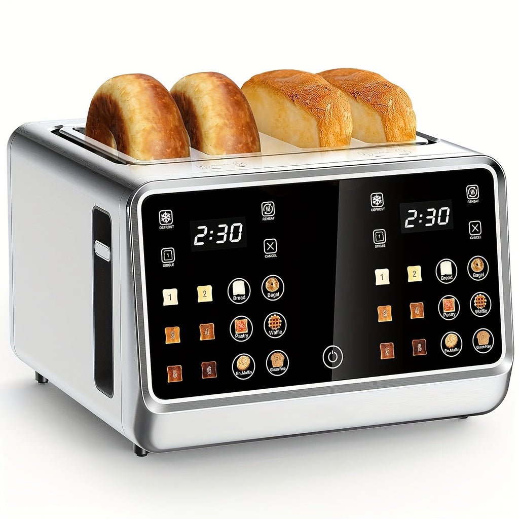 4-Slice Digital Smart Toaster Stainless Steel – Touchscreen Dual Control Panel with Timer Reheat & Defrost for Bagels Bread Waffles