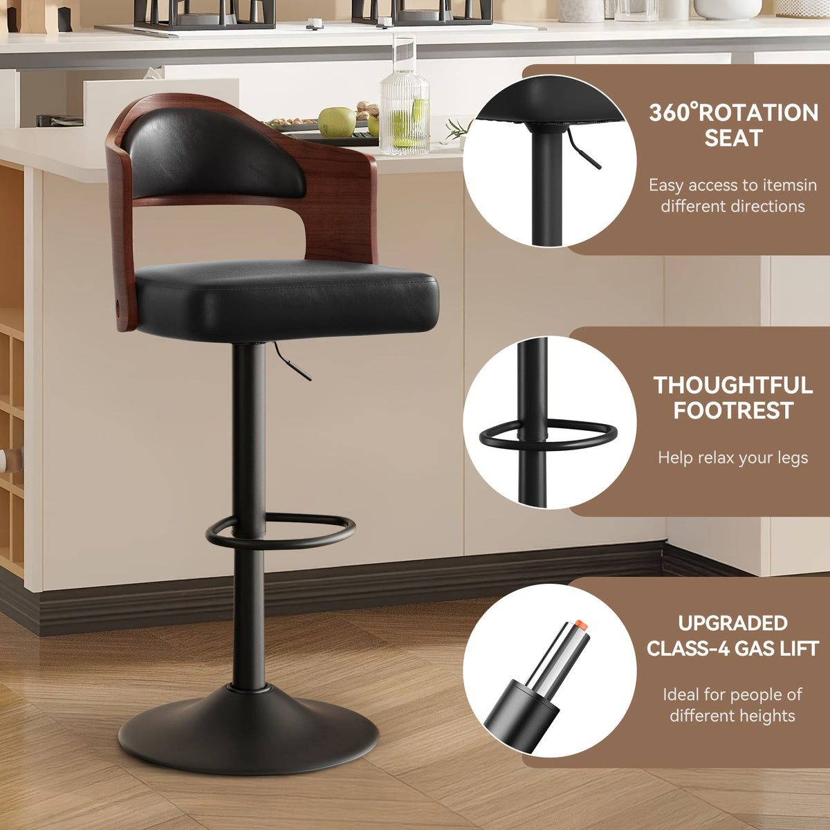 Swivel Bar Stools Set of 4 with PU Leather Upholstered Seat, Wooden Back & Footrest, Counter Height Bar Chairs for Kitchen Island and Dining Room, Black Brown Green White