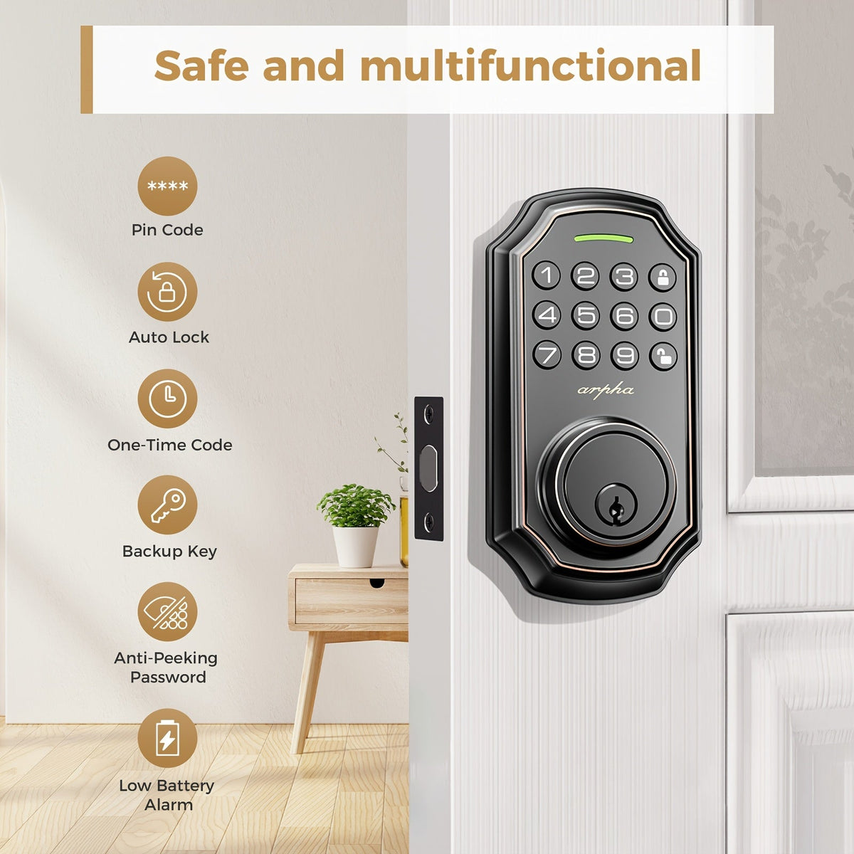 Keyless Entry Keypad Deadbolt - 100 Access Codes, Anti-Peeping 16-Digit Password, Auto Lock, One-Touch Lock, Low Battery Alarm, Zinc Alloy - Front Door & Apartment - Black & Silver