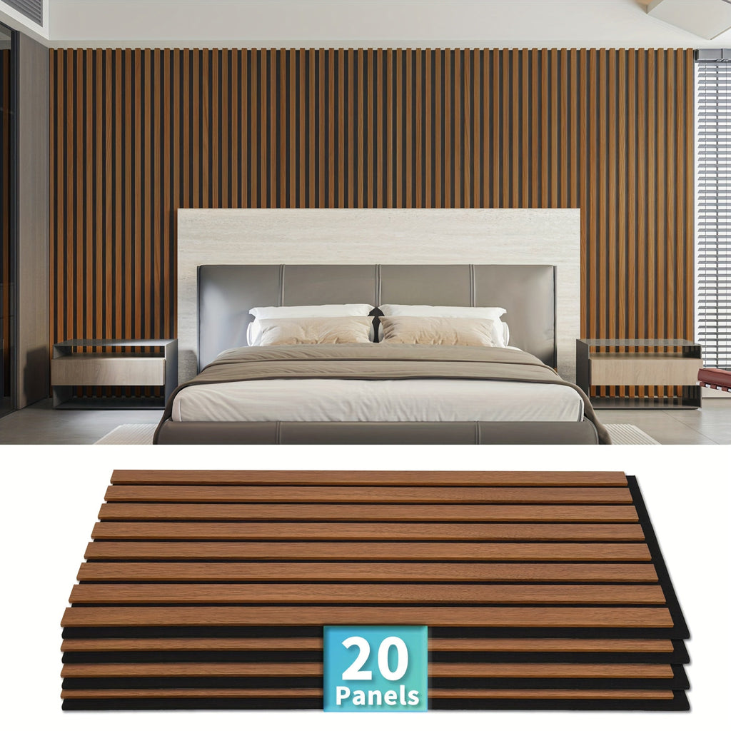 3D Wood-Look Wall & Ceiling Tiles 20-Panel Set (40 Sq Ft), MDF Grille Noise-Insulating Panels 24"x12", Textured Wood Grain Finish, Easy Install, Available in Deep Walnut / Walnut / Oak / Gray Oak