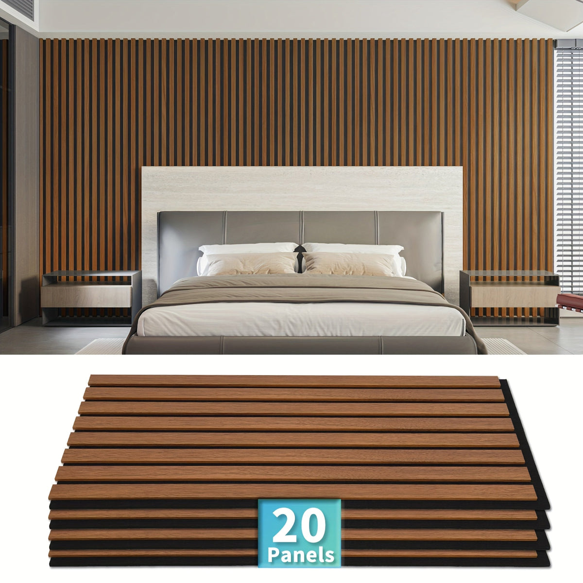 3D Wood-Look Wall & Ceiling Tiles 20-Panel Set (40 Sq Ft), MDF Grille Noise-Insulating Panels 24"x12", Textured Wood Grain Finish, Easy Install, Available in Deep Walnut / Walnut / Oak / Gray Oak