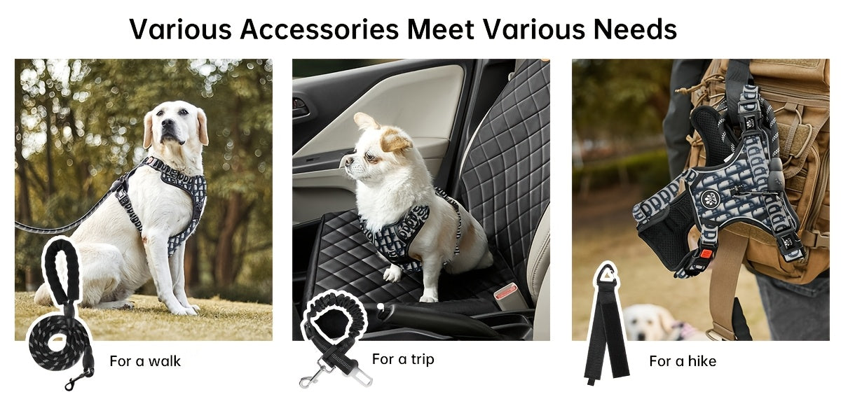 No-Pull Dog Harness Set with Retractable Leash, Seatbelt, and Collar – Fully Reflective, Adjustable, Breathable Vest Harness with Handle for Small & Large Dogs (XS–XL)