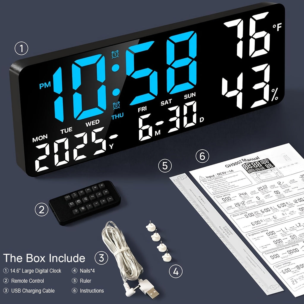 Large Screen LED Alarm Clock with Auto-Dimming and Remote Control – 15-Inch Digital Clock Displays Time, Date, Day of the Week, Temperature, and Humidity – Ideal Bedroom Bedside Clock for Seniors, Living Room, and Office Desk