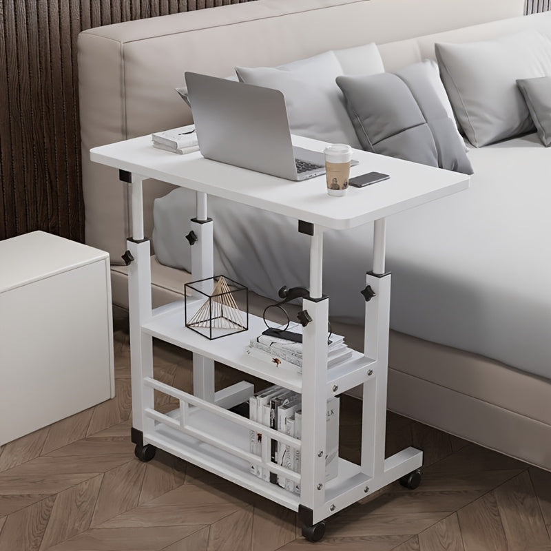 3-Tier Rolling Folding Desk with Wheels, Height-Adjustable and Expandable Desktop, Storage Shelf for Laptop, Study, Home Office, Bedroom, Living Room Computer Table