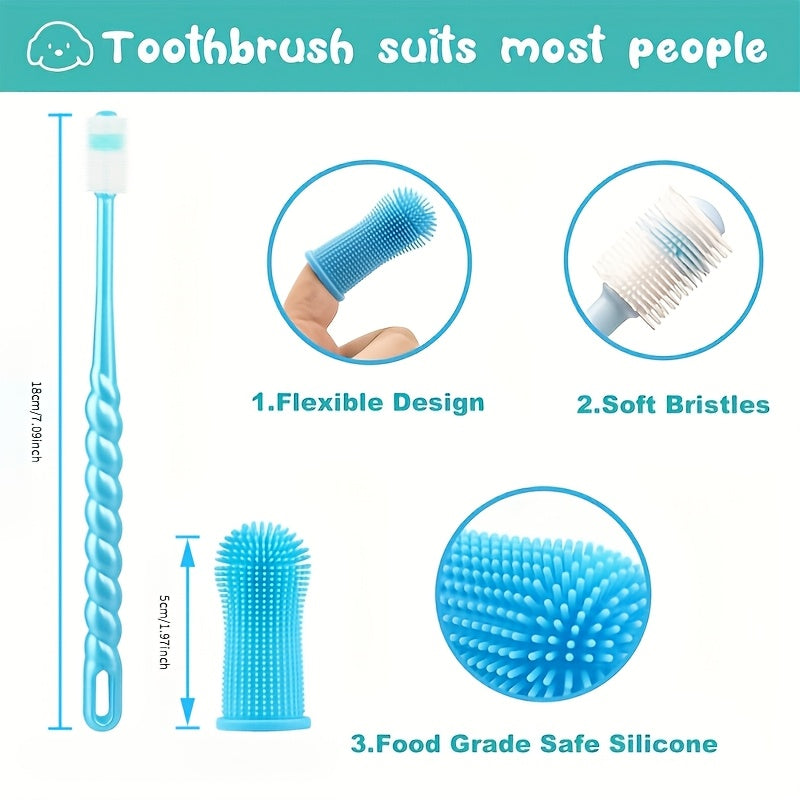 3-Piece Pet Dental Care Silicone Toothbrush Set, 360° Finger Brush & Micro-Ciliated Brush for Dogs & Cats, Soft, Gentle, No Battery Required