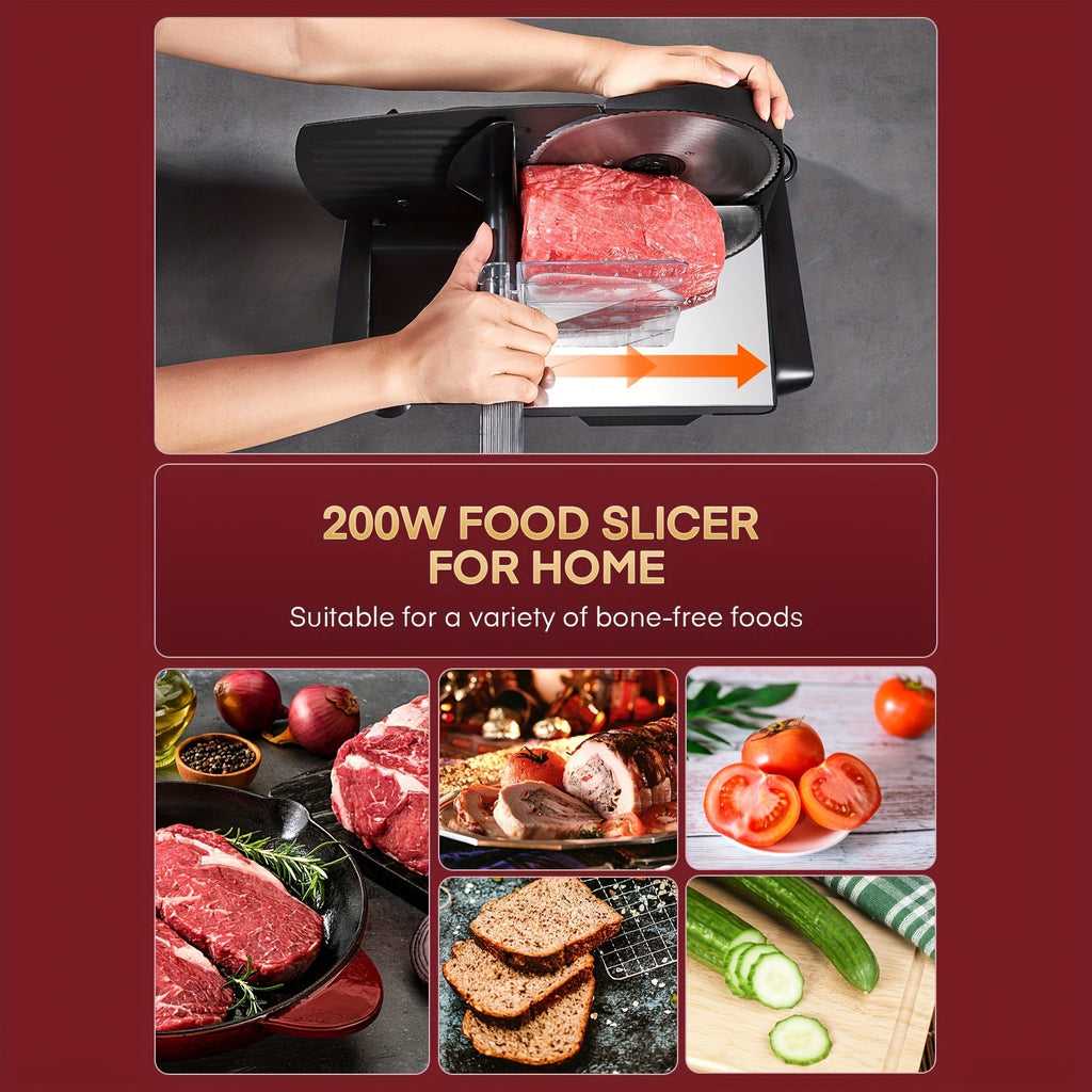 200W Electric Meat Slicer for Home Use – 2 Removable 7.5" 304 Stainless Steel Blades (Serrated + Non-Serrated), 0–15mm Thickness Control, Die-Cast Aluminum, Food Carriage Included, Black or Silver – Nova Mart