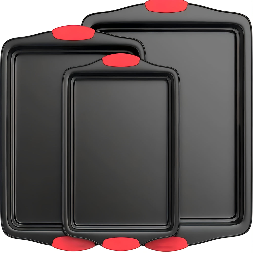 Carbon Steel Non-Stick Baking Pan Set 3-Piece – Commercial Restaurant Grade Oven Safe Bakeware with Red Silicone Handle, Double-Sided Coating Sheet Pan, Cookie Tray, and Roasting Pan