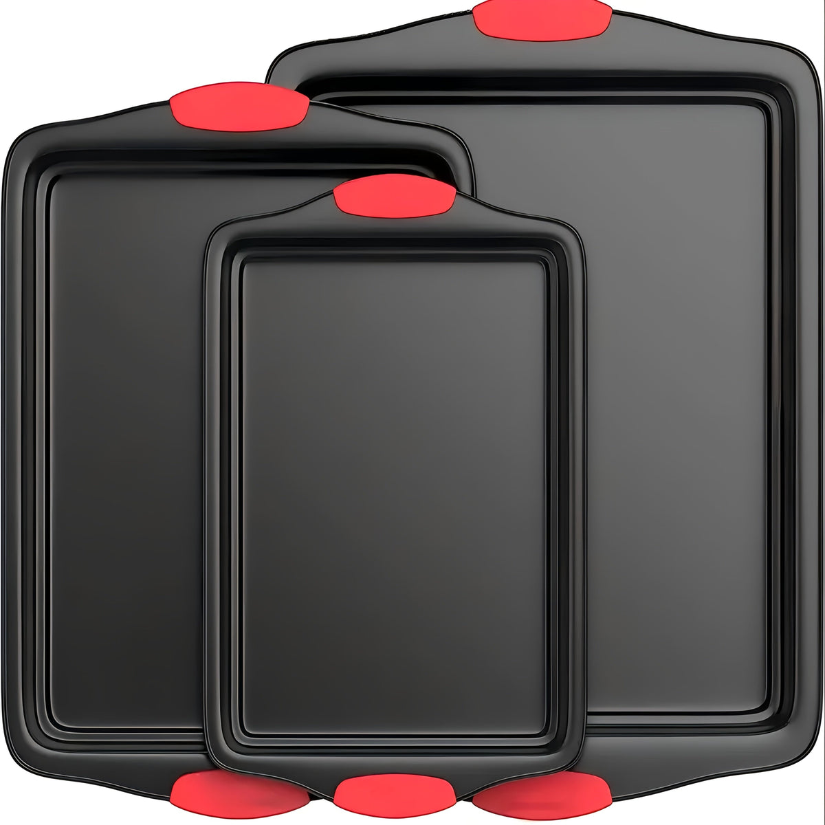 Carbon Steel Non-Stick Baking Pan Set 3-Piece – Commercial Restaurant Grade Oven Safe Bakeware with Red Silicone Handle, Double-Sided Coating Sheet Pan, Cookie Tray, and Roasting Pan