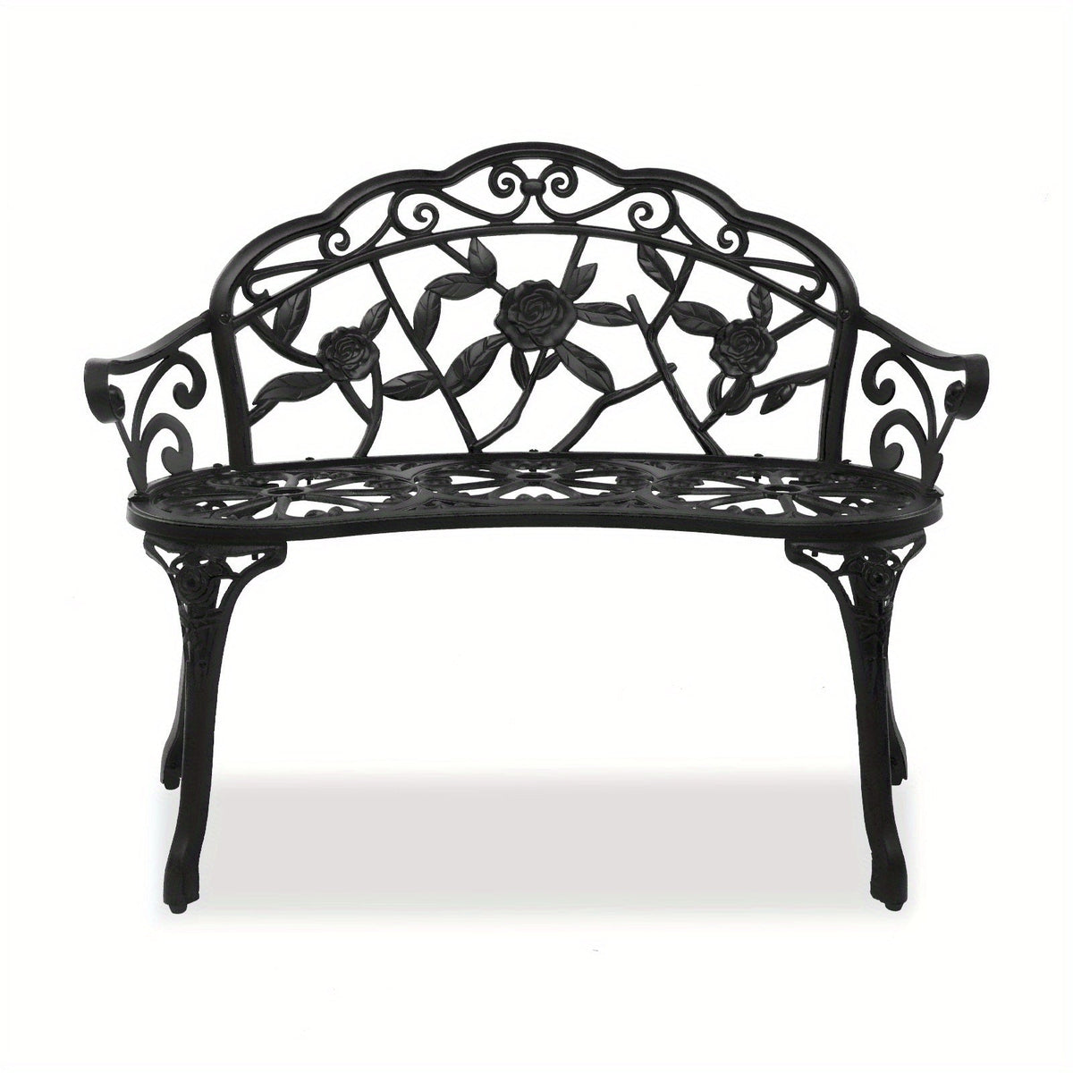 Rose Pattern Cast Aluminum Outdoor Bench 38.5", Floral Vintage Design, Weatherproof & Rustproof, Ergonomic Back & Armrests, Patio Garden Porch Courtyard Seating, Available in Red/Brown/Black