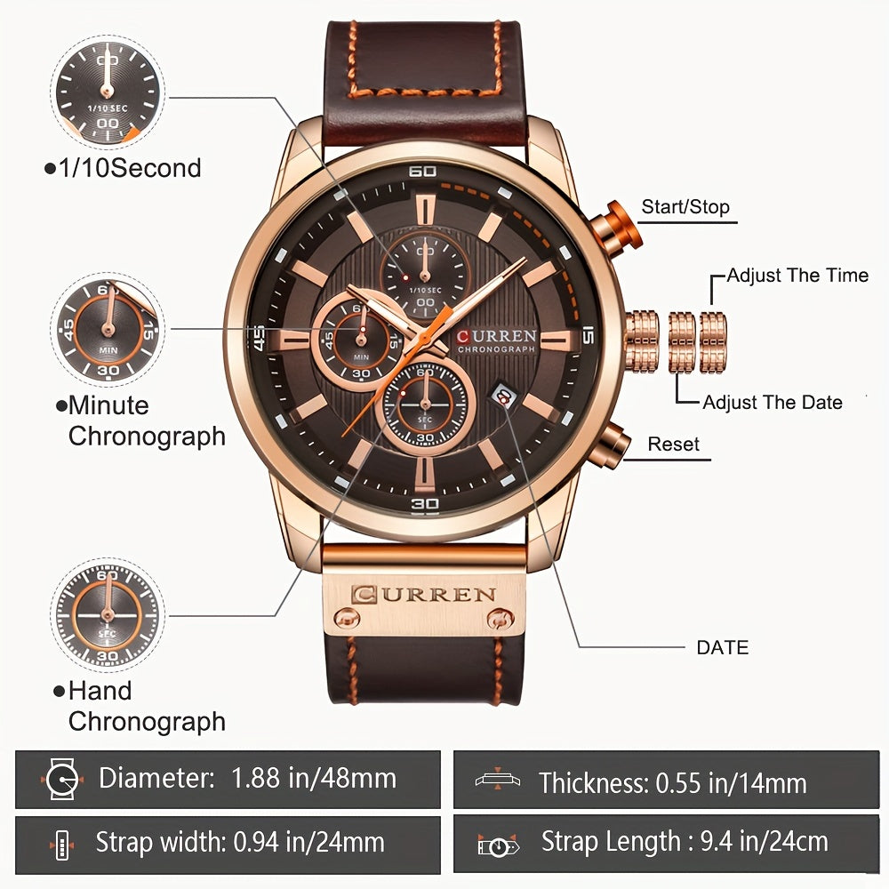 Men's Chronograph Sport Quartz Watch with Date Display – Stopwatch Wristwatch for Men, 6 Colors (Brown, Blue, Black, Grey), Casual Business Everyday Watch Gift