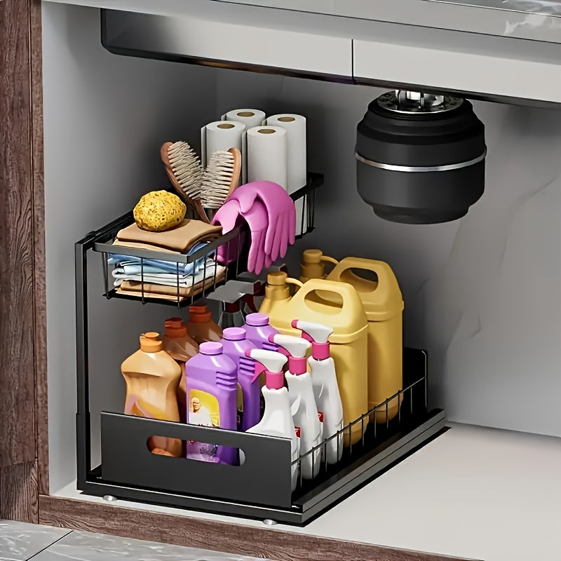 Pull-Out Under Sink Organizer, 2-Tier Slide-Out Cabinet Shelf, Kitchen/Bathroom Utility Storage Rack, Sliding Cabinet Organizer for Under Sink, Kitchen, Bathroom, or Pantry – 1 or 2 Pack Options